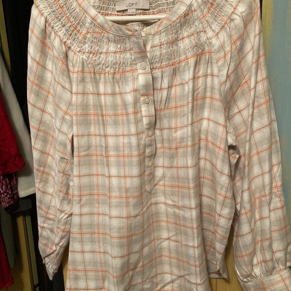 Loft smocked soft  plaid  button front top